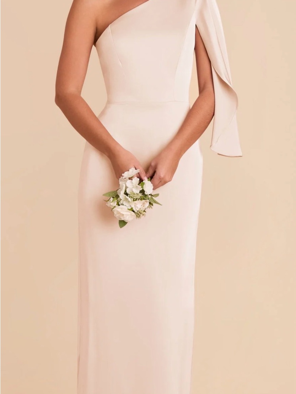 Birdy Grey One-Shoulder Cream Gown with Draped Sleeve